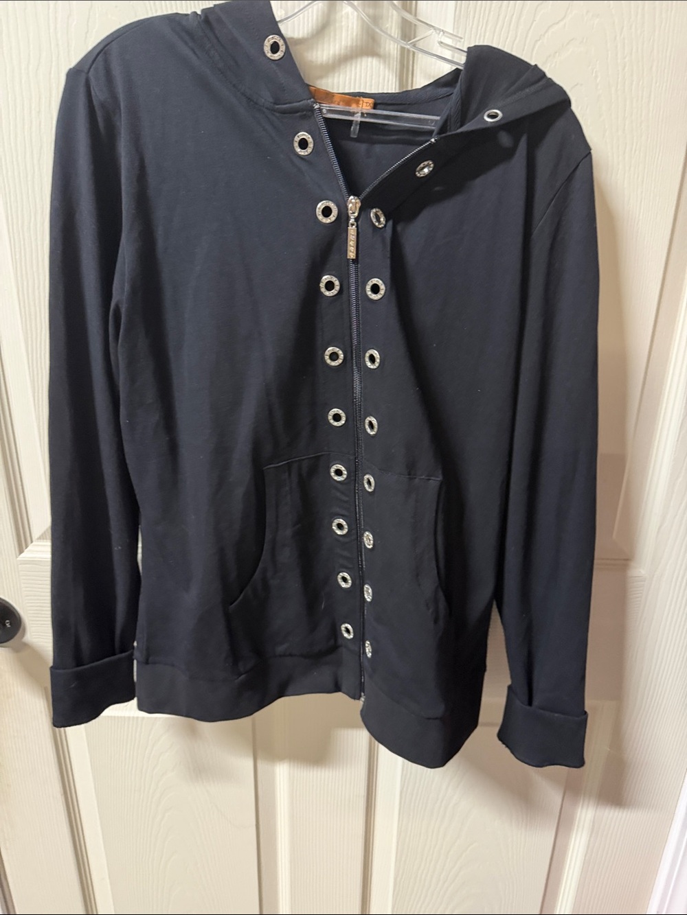 Belldini Black Hooded Eyelet Zip Utility Jacket